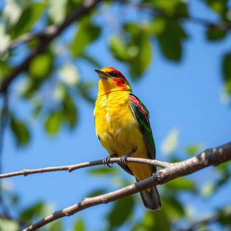 "A clear and colorful photo of a bird sitting on a tree branch. The bird has bright feathers that shine in the sunlight. The background is soft and blurry, showing green leaves and blue sky. The bird looks peaceful, and the whole scene feels calm and natural. The image captures the beauty of nature and the joy of photography."