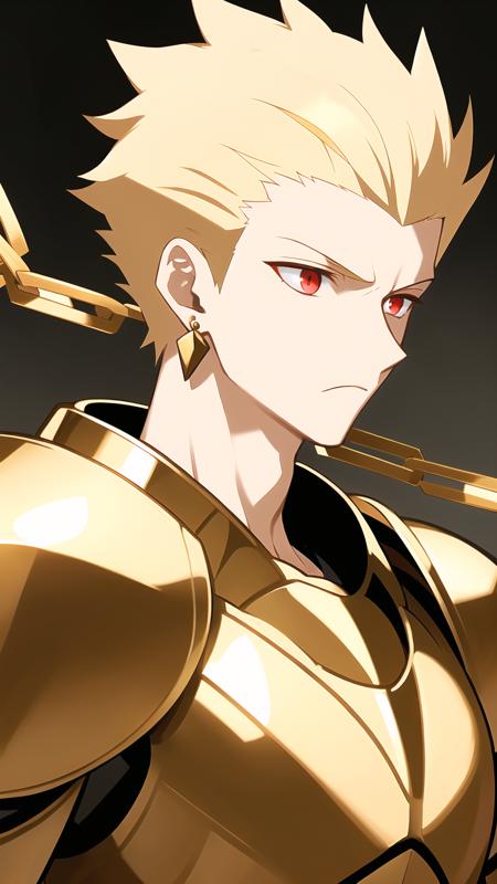 1boy, solo, red eyes, gilgamesh_\(fate\), blonde hair, earrings,  abs, tattoo,  armor, spiked hair