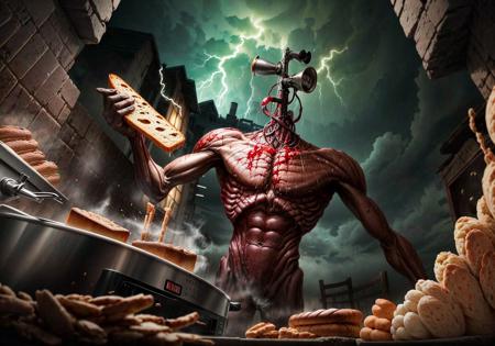 srnhd, giant huge monstrous sirenhead cooking (bread:1.2) in a kitchen, horror, epic detailed kitchen background, sharp teeth, blood splatter, from below, muscular, electric neon (storm), metallic skin, bread, bread, bread, kitchen, kitchen
<lora:add_detail:1>  <lora:srnhd-000008:1>