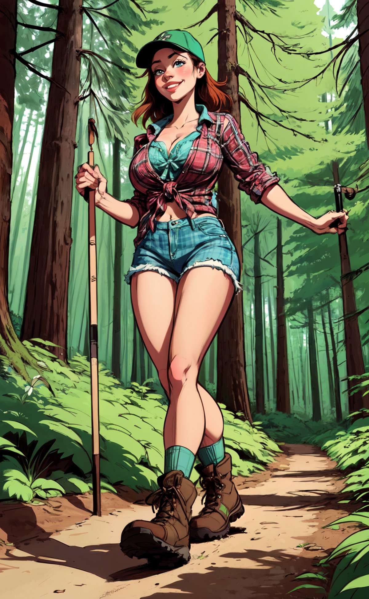 (cartoonish style), (low contrast:.9), drawing of a cute woman hiking in the woods, tall trees, shady, wearing a tied-off ...