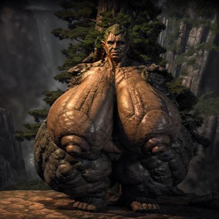 (giant), female, (titan made of rocks with trees),  grey rock skin