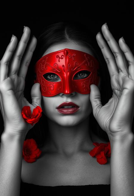 surreal portrait, emotional duality, grayscale and red color scheme, expressive hands, split face, red mask, conceptual art, dramatic lighting, black background, symbolic composition, psychological depth, inner conflict, modern surrealism, haunting visual style,  cinematic, delicate balance, picturesque moment, flowery,Mesmerizing beauty, luminous atmosphere, dark elegance, dynamic movement, surreal portal, scattered