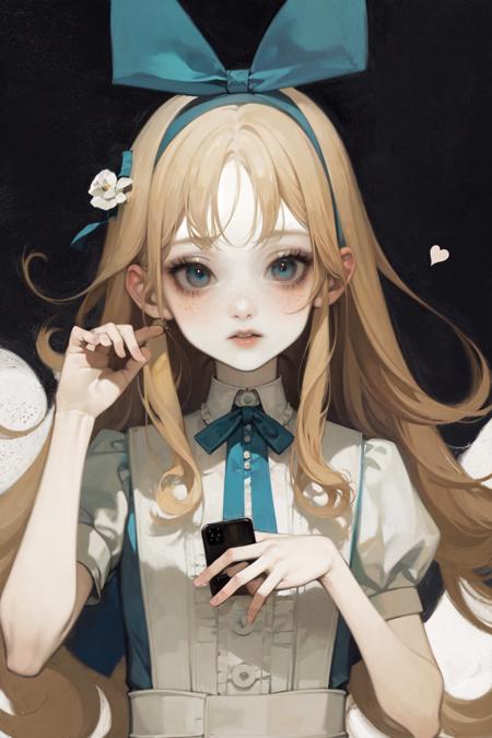 masterpiece, 1girl, long hair, dress, blue eyes, bow, blonde hair, hair bow, holding, solo, card, black background, white dress, alice (alice in wonderland), phone, rabbit, food, short sleeves, looking at viewer, freckles, blue bow, fruit, puffy sleeves, playing card, spade (shape), cellphone, puffy short sleeves, bangs, blush, heart <lora:idc128dim-epoch-000008:1>