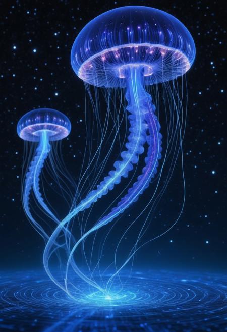 An endless ocean that glows from within, its waves composed of liquid sapphire, shifting between transparency and deep midnight blue. Above, massive cybernetic jellyfish drift gracefully, their tendrils forming neon circuitry patterns across the sky. Floating spirals of woven metal rise from the water, constantly twisting into new labyrinthine shapes, reflecting distant stars like liquid mirrors. Occasionally, holographic fish leap from the water, leaving behind trails of binary code that shimmer briefly before dissolving into the ether.