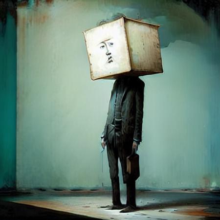 a man standing in a room with a box as head   <lora:DarkSurrealismAI:1>