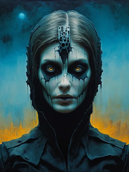 medium shot, portrait painting  , dystopian surrealism,  Gothic Dystopian Future  ,nightmarish, facing camera, fayereagan woman,  dynamic pose,  in a "Zdzislaw beksinski" style painting   <lora:FayeReagan_SDXL_v1.0:1>