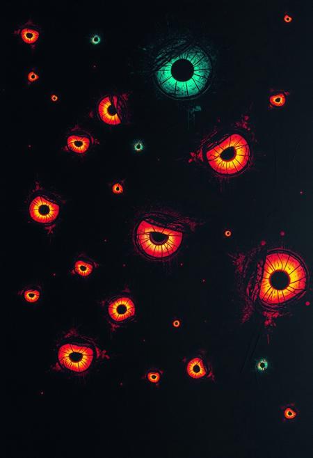 A hauntingly beautiful image of a dark, scratch art background, with creepy, glowing eyes scattered throughout, like lanterns in the darkness. The eyes, a vibrant, multicolored array, seem to stare out from the shadows, their irises glowing with an otherworldly light. The scratch art, a textured, layered effect, creates a sense of depth and dimensionality, as if the viewer is gazing into a dark, abyssal void. The dark, ink background provides a striking contrast to the vibrant, multicolored eyes, creating a sense of drama and tension. The overall effect is one of eerie, Halloween magic, as if the viewer is witnessing a supernatural, ocular spectacle. The eyes seem to pulse with a malevolent energy, as if they are watching, waiting, and warning. highest-Quality, intricate details, visually stunning, Masterpiece