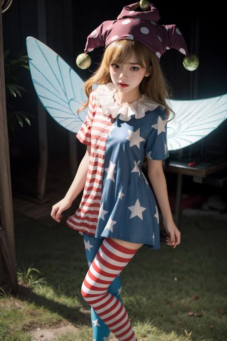 clownpiece 1girl,jester cap,long hair,blonde hair, red eyes,neck ruff,  striped dress,star (symbol),star print, polka dot,short sleeves,  pantyhose, american flag dress,short dress,  fairy wings