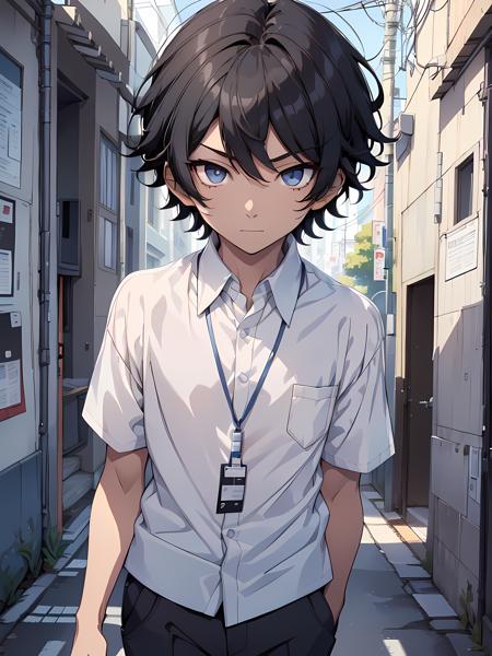 1boy, male, solo, age13, black hair, black eyes, detailed eyes, wearing white shirt untucked (short sleeves), wearing blue lanyard, wearing black slux pants, anime, high quality
