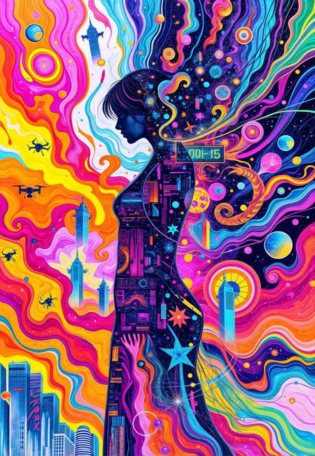 Abstract drawing, the woman's silhouette barely perceptible, soft ghostly outline dissolving into the background, a stunning explosion of colors—vivid oranges, azure blues, hot pinks, neon purples, and electric greens swirl and flow like liquid, merging in chaotic yet harmonious waves. Futuristic elements emerge—floating geometric shards, neon circuitry spiraling in and out of focus, holographic patterns shifting, glowing abstract symbols flickering. The silhouette hints at a figure, abstract lines suggesting arms and a face, but it’s fragmented, almost dissolving. Neon streaks of light burst from the silhouette, merging into a fractal network of wires and glitching data streams. Fragmented cityscapes and neon billboards peek through the chaos, distorted and bending like reflections in a rippling surface. Floating orbs, futuristic drones, and holographic dragon shapes twist through the vibrant scene, dissolving into waves of energy. Psychedelic layers pulse with brightness, creating depth. The entire scene radiates energy, dreamlike and disorienting, an abstract fusion of digital beauty and chaos.