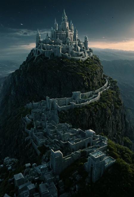 Inspired by J.R.R. Tolkien's epic saga, delve into the mesmerizing world of Middle-earth with this hyper-detailed masterpiece. Behold the awe-inspiring majesty of the White City of Gondor, perched upon the cliffs of Minas Tirith amidst a swirling mist of clouds.
Capture the breathtaking expanse of the city, its towering spires and marble walls rising majestically from the lush greenery that surrounds it. Adorned with intricate carvings and banners bearing the sigils of the noble houses, Minas Tirith stands as a beacon of hope in the war-torn lands of Middle-earth.
At its heart lies the Citadel, a fortress of stone and steel where the steward of Gondor holds court. Against the backdrop of a mystical starry sky, the city is bathed in soft moonlight, casting shadows that dance along its ancient walls.
As you explore this cinematic composition, immerse yourself in the rich history and lore of Middle-earth. With cozy light that illuminates every corner and volumetric lighting that adds depth to the scene, this cinematic film still captures the timeless beauty of Tolkien's masterpiece with unparalleled detail and realism.
cinematic composition, soft shadows, national geographic style,cozy light, cinematic lighting, volumetric lighting, Film grain, cinematic film still, shallow depth of field, highly detailed, small floating planet