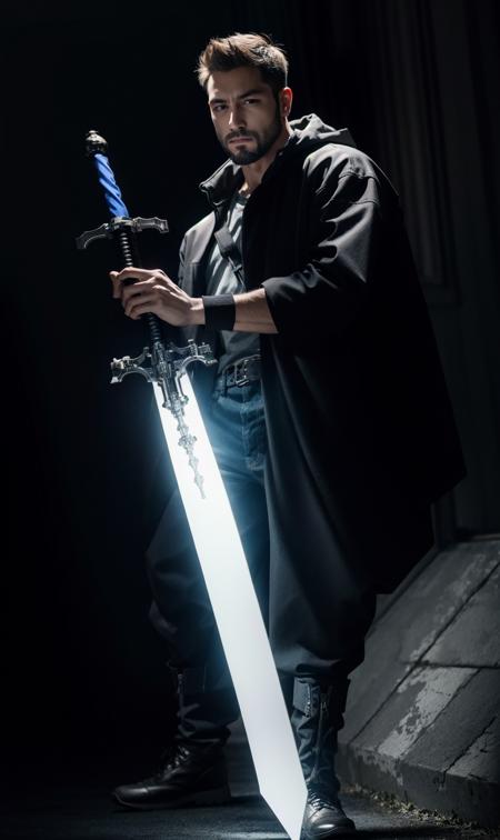 Best quality,masterpiece,ultra high res,(in the dark, deep shadow, low key, cold light),(night:1.4),fix,<lyco:Glowing_style_lycoris_1.4:1.0>,Glowing style, blue glowing sword, blue glowing weapon, blue fire, glowing, weapon, sword, greatsword, huge weapon