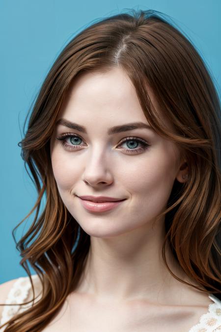 simple background, blue_background, ((wallpaper 8k)), ((high detailed)), ((masterpiece)), ((best quality:1.2)), ((hdr)), ((absurdres)), ((RAW photo)), 1girl, 20yo woman, young, pale skin, brown hair, wavy hair, portrait, upper body, beautiful woman, green_eyes, , beautiful smile, perfact face, open mouth, looking at viewer, perfect face shape,  high detailed skin, <lora:add_detail:1>
