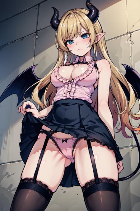 masterpiece, best quality, highres, 1girl, yuzuki choco, virtual youtuber, horns, breasts, large breasts, thighhighs, blonde hair, long hair, pointy ears, blue eyes, garter straps, wings, cleavage, skirt, breast tattoo, pink shirt, demon horns, tattoo, lace-trimmed legwear, shirt, demon girl, bangs, demon wings, lace trim, black thighhighs, demon tail, black skirt, pencil skirt, tail, frills, frilled shirt, sleeveless, <lora:yuzuki_choco_v1:0.6>, outdoors, panties,, (from below:1.2), standing, spread legs, (frown:1.2), angry,