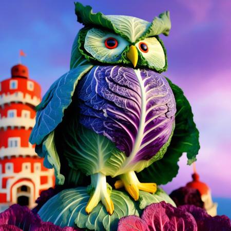 no human, (giant owl made of cabbage over a red castle:1.5), Geometric Pattern Effect: Repeating shapes (tiles, panels) create structured complexity. Color Spectrum Display: Wide range of hues from cool to warm tones.  Reflective Surface Theme: Smooth, light-catching textures evoke motion and depth. Symmetry and Balance: Central alignment with mirrored visual weight. . lazypos, rp_slgd, a surreal owl composed of  obsidian cabbage, wings made of floating cabbage leafs, perched on a red cabbage flower, on top of a red cabbage castle, a kaleidoscope swirling sand sky, glowing purple sand,
, vibrant colors, whimsical design, surreal fantasy, high detail, 4k, strong bokeh