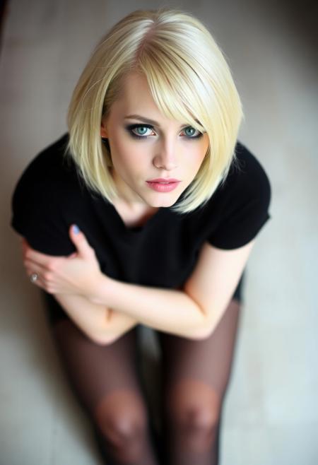 woman, blonde bobcut hair, parted half hair, green and blue eyes, eyeliner, gothic, wearing black t-shirt and black hotpants, black pantyhose