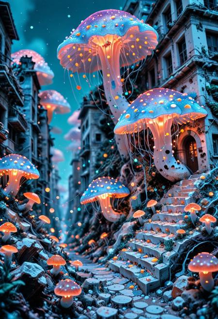 A surreal, wide-angle landscape where soft, candy-colored destruction unfolds gracefully—glowing mushroom clouds made of flowers, crumbling buildings drifting like confetti, tiny glowing fireflies, and skies that and pulse in hazy glowing gradients of coral and mint. flat colors, cel shading, comic book style, best_quality, amazing quality, masterpiece, absurdres, highres, very_detailed, extremely_detailed, ultra_detailed, sharp_focus, clean_lines, high_detail, intricate detail, Glowing Nature Contest