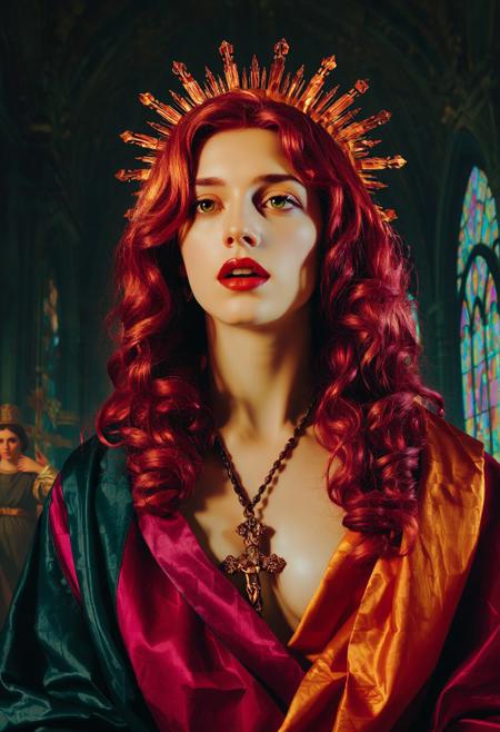 Glitchcore Baroque.Dark cathedral. A young woman with long wavy red hair and red lips dressed in richly coloured scarves draped around her. large cleavage. She is looking at the viewer. Her expression is of religious ecstasy. Mouth light open. An ornate crucifix hangs on a rosary around her neck. Surrounding her head is a radiant halo.