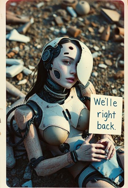 biomechanical style Photo of a broken ruined cyborg girl in a landfill, robot, body is broken with scares and holes,half the face is android,laying on the ground, creating a hyperpunk scene with desaturated dark red and blue details, colorful polaroid with vibrant colors, (vacations, high resolution:1.3), (small, selective focus, european film:1.2), with sign "We'll be right back", dappled light , blend of organic and mechanical elements, futuristic, cybernetic, detailed, intricate, Cinematic portrait photography, capture subject in a way that resembles a still frame from a movie, cinematic lighting, story, narrative quality, drawing viewers into the scene and evoking a sense of cinematic immersion, capturing emotion, professional, engaging, compelling composition