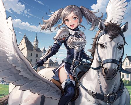 (flying in the sky:1.1),<lora:riding_pegasus:1.1>,riding_pegasus,pegasus,(horseback_riding,riding,saddle,reins:1),<lora:Cynthia:0.7>,1girl,smile,open mouth,cynthia, grey hair,twintails,thighhighs, gloves, armor, short dress, boots,thigh boots, dress,elbow gloves, zettai ryouiki,breastplate, shoulder armor, belt, garter straps,outdoors,(masterpiece, best quality, ultra-detailed, best shadow)