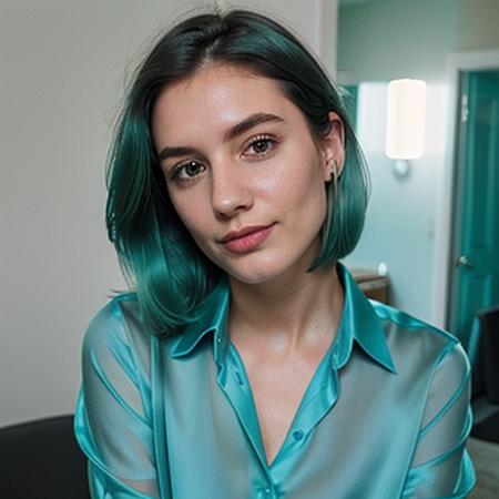 Instagram photo, a woman, (teal hair: 1.2), cleavage, glowing skin, (smile: 0.4), hard shadow, white shirt