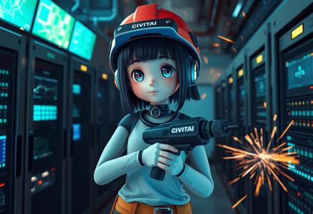 just one cute android girl with construction helmet, holding a futuristic drill, in a server room, multilple servers and monitors, it says "CIVITAI" on the helmets, impressive electric arcs and sparks in the background, lucid dream-like 3d model, photorealism, cinematic realism, unreal engine