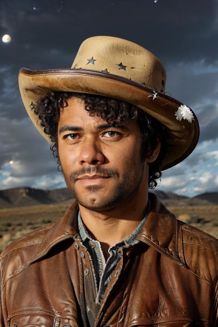 Photograph, color, portrait. Richard Ayoade dressed as a cowboy, outdoor, night, rugged, weathered, stoic, cowboy hat, spurs on boots, a horse in the background, deep set wrinkles, piercing dark brown eyes, a determined expression, standing against a backdrop of a clear night sky filled with stars, the cowboy is looking off into the distance, best quality, ultra-detailed, classic western  <lora:Richard-Ayoade-v10:0.7>