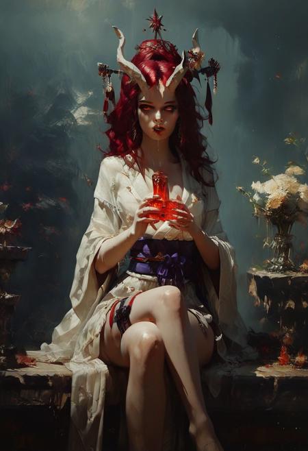 score_9, score_8_up, score_7_up,  rating_explicit, 20yo girl, 1girl, curvy, monster girl, solo, tall, ronin, samurai, a woman with red hair, red eyes, Brom, beautifully backlit, fantasy art, blue and purple gradient skin, long hair, kimono, red hair, scales, curvy horns, atmospheric, legs, thigh dagger strap  <lora:pony/twilight_style:0.8> <lora:pony/expressiveh:0.8> expressiveh <lora:pony/vixon_gothic_oil_style:0.7> d4rk01l