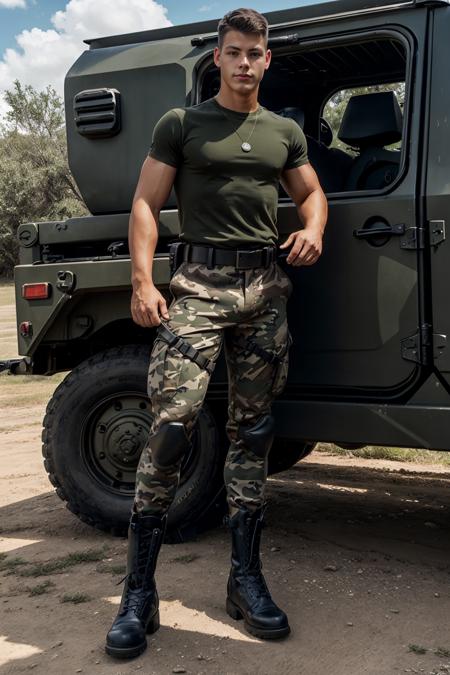 standing next to a military jeep, JeroenMondrian, slight smile, sexysoldier, (shirt), camouflage pants, dog tags, black army boots, belt, helmet, holster, gun in holster, masterpiece, ((full body portrait)), wide angle,  (GS-Masculine:1) <lora:JeroenMondrian-000008:0.75>  <lora:Clothing - Sexy Soldier_v1:0.5>