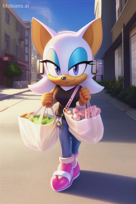 rouge the bat, full body, headphones, casual clothes, city, street, day, bags, groceries, masterpiece, soft lighting, very detailed, detailed background, field of view, intricate details, pastel
