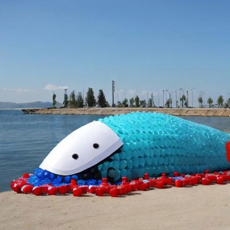 whale made of plastic bottles,