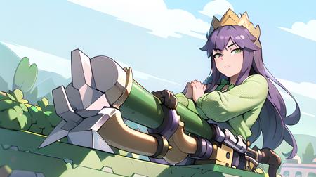 dn_archerqueen_anime, dark purple hair, gold crown, holding large metal gun with both hands, looking at camera, high definition, 4k, realistic