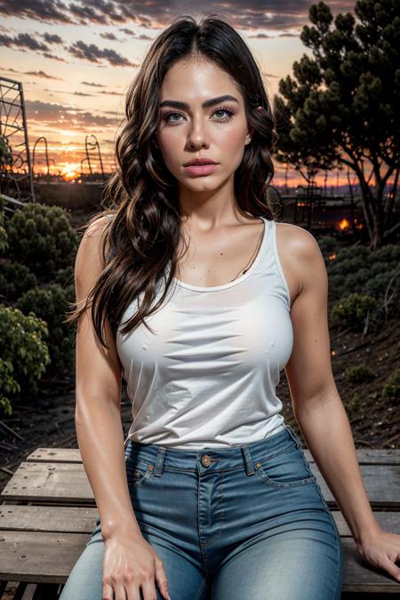 a professional photo of dmtozdmr woman, wearing a cotton long sleeveless shirt, jean pants, attractive pose on a bench in the forest,  (ultra detailed skin), moles, (perfect eyes), (((perfect hands))), (curvy hips:0.8), (photorealistic:1.2), 8k, dslr, bokeh, ultra high res, (sunset with burning clouds:1.35)   <lora:add_detail_v5:1> <lora:Demet_Ozdemir_V2:0.65>  <lora:epiNoiseoffset_v3:2.5>