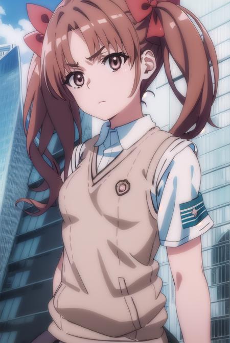 kurokoshirai, <lora:kuroko shirai s3-lora-nochekaiser:1>,
kuroko shirai, brown hair, long hair, (parted bangs:1.5), (brown eyes:1.7), ringlets, twintails, hair bow, bow, red bow, (small breasts:1.2),
BREAK armband, black skirt, collared shirt, dress shirt, pleated skirt, safety pin, school uniform, shirt, short sleeves, skirt, summer uniform, sweater vest, tokiwadai school uniform, twintails, white shirt, (brown sweater vest:1.5),
BREAK outdoor, city, sky, sun, clouds,
BREAK looking at viewer, (cowboy shot:1.5),
BREAK <lyco:GoodHands-beta2:1>, (masterpiece:1.2), best quality, high resolution, unity 8k wallpaper, (illustration:0.8), (beautiful detailed eyes:1.6), extremely detailed face, perfect lighting, extremely detailed CG, (perfect hands, perfect anatomy),