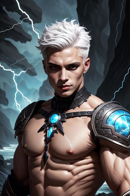 black humanoid made of rock, upper body, barechested, male, ((masterpiece, best quality)), cracked skin, white electricity coming through cracks, muscular male, (dragonborn:0.6), white hair outdoors, detailed background , depth of field, fantasy painting, oil painting, colored skin, black skin,