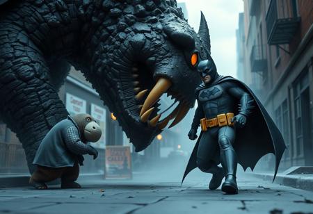 "Create a high-definition, lifelike image of an epic Batman facing a giant creature, inspired by theCHAMBA, in the style of claymation and mansions of madness. The scene is a symmetrical, maximalist oil on canvas, with a focus on micro details using the golden ratio. Depict Batman chasing a robber down a street, with a walrus character observing. This image should be trending on ArtStation and suitable for a promotional still on a store website or CGI society."