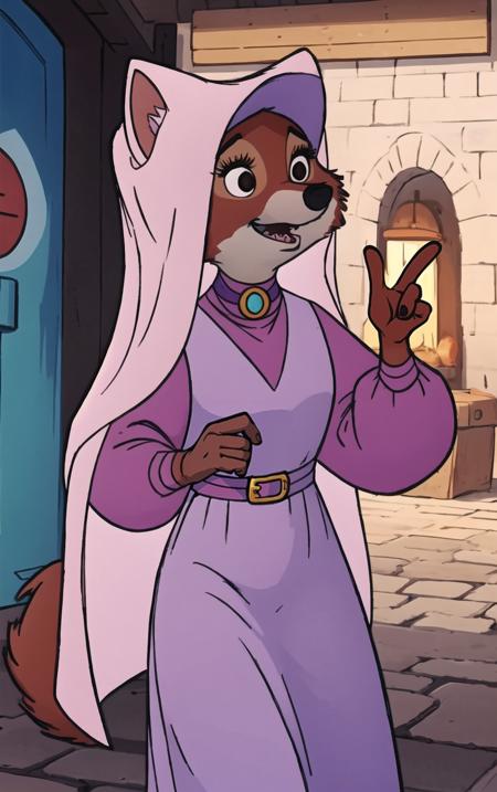 CARTOON_MaidMarian_ownwaifu,
1girl, furry, furry female, animal ears, black eyes, body fur, snout, two-tone fur, orange fur, animal nose, fangs,  tail,
dress, long sleeves, purple dress, veil, choker, jewelry, brooch, hood up, long dress, belt, gem, puffy sleeves,
<lora:CARTOON_MaidMarian_ownwaifu:1>
((masterpiece)),((best quality)),(highres, absurdres), original, official_art, looking at viewer, solo, focused, outdoors, day, cowboy shot,