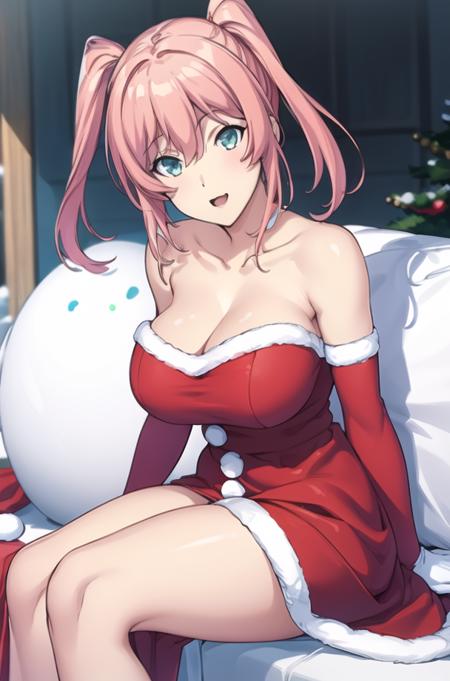 (day:1.7), in a snowy scene with a snowman behind her,
sitting at attention,sitting on couch,
red dress,santa hat, santa_boots, santa_costume, santa_dress, santa_gloves,collarbone,bare shoulders, 
 <lora:sana_miyama_Gundam_Breaker-KK77-V1:0.7>,Black_pleated_skirt,<lora:aiueOkaStyle_v10:0.1>, <lora:saiminSeishidou:0.1>,
pink_hair,bangs,blue eyes,aqua_eyes,
1 girl, 20yo,mature female,Beautiful Finger,Beautiful long legs,Beautiful body,Beautiful Nose,Beautiful character design, perfect eyes, perfect face,
looking at viewer, (big_eyes:1.0),(Light_smile:0.3),
official art,extremely detailed CG unity 8k wallpaper, perfect lighting,Colorful, Bright_Front_face_Lighting,
(masterpiece:1.0),(best_quality:1.0), ultra high res,4K,ultra-detailed,
photography, 8K, HDR, highres, absurdres:1.2, Kodak portra 400, film grain, blurry background, bokeh:1.2, lens flare, (vibrant_color:1.2)
(Beautiful,large_Breasts:1.4), (beautiful_face:1.5),(narrow_waist),