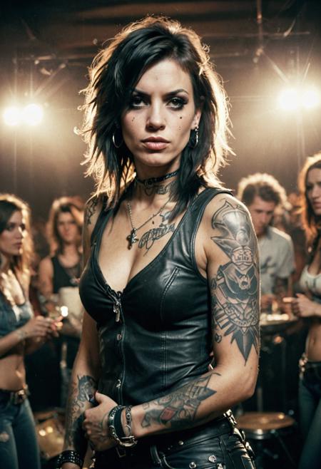 realism, epic world, brutal rocker chick with tattoo, rock party, faded film, desaturated, award winner art, artstation, 35mm photo, grainy, vignette, vintage, lomography, stained, highly detailed, found footage, highly detailed, volumetric, dramatic lighting,  <lora:detailed_hands:0.6> <lora:Old_Photo_XL_V1:0.4>