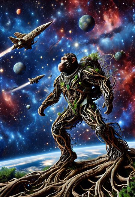 PG-TR, masterpiece, detailed, highly detailed,
masterpiece, best quality, absurdres,morph-treeroots,
An anthropomorphic chimpanzee wearing a spacesuit made of roots, floating in space, cosmic background, the scene is a surreal and slightly absurd depiction of the triumph of nature over the hubris of mankind.