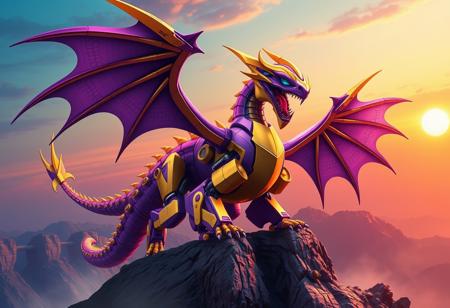 Robot Dragon, purple and gold, dragon wings spread, roaring. On a mountaintop. Synthwave background, sunset, orange and blue.