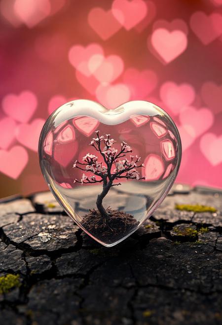 A heart-shaped glass object rests on a rough, cracked surface. Inside the glass heart is a small, dark tree with tiny pink cherry blossom-like flowers. The background is blurred with a warm, soft pink glow and heart-shaped bokeh lights. The surface the glass heart rests on is dark and weathered, with small patches of green moss and water droplets. The bokeh lights vary in size and brightness. The lighting is warm and diffused, with a bright spot at the top creating a hazy effect
--aspect 3:2 --portrait --seed 3 --upscale off