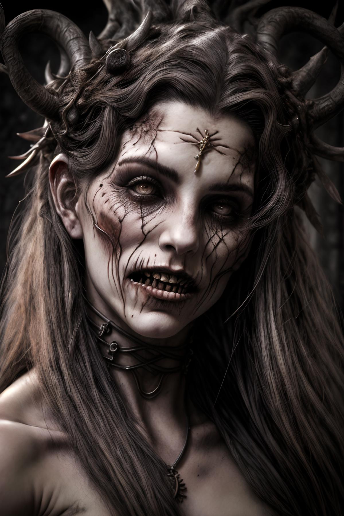A scary image of a woman with horns and a cross on her forehead.