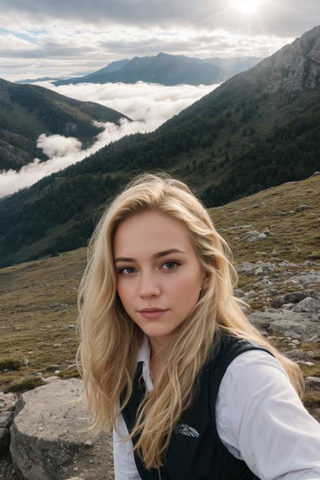(8K, Breathtaking Selfie of a Beautiful Girl), look at camera, many details, foggy valley Background, sits high on the mountain, blonde hair, long hair, hair blowing in wind, crazy sky, rays of sunshine break through the clouds,   <lora:zoom_slider_v1:-0.2>, <lora:colorify:0.5>,