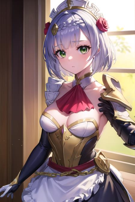 noelle, braid, flower, hair flower, hair ornament, short hair, silver hair, (green eyes:1.5), apron, armor, ascot, black pantyhose, black skirt, dress, gauntlets, gold trim, headdress, long sleeves, maid, maid apron, maid headdress, pantyhose, pauldrons, shoulder armor, skirt, strap,