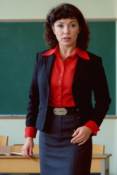 Photorealism <lora:VinaAsikiSDXL-000006:1>, (cowboy shot:1.1) of 40 yo VinaAsikiSDXL in a teachers clothes, in a classroom, Photorealism, often for highly detailed representation, photographic accuracy, or visual illusion.