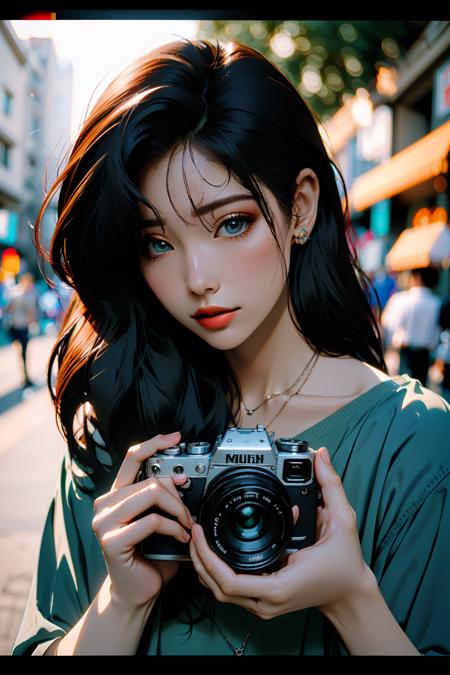 a woman taking a picture with a camera in a store window display of flowers and greenery in the background,1girl,camera,solo,holding camera,blurry,looking at viewer,holding,blurry background,shirt,white shirt,black hair,lips,smile,depth of field,brown hair,realistic,long hair,black eyes,nose,upper body,closed mouth,bokeh,lens flare,medium hair,dutch angle,bangs,
Best quality,masterpiece,ultra high res,<lora:chaoren 1:0.5>,