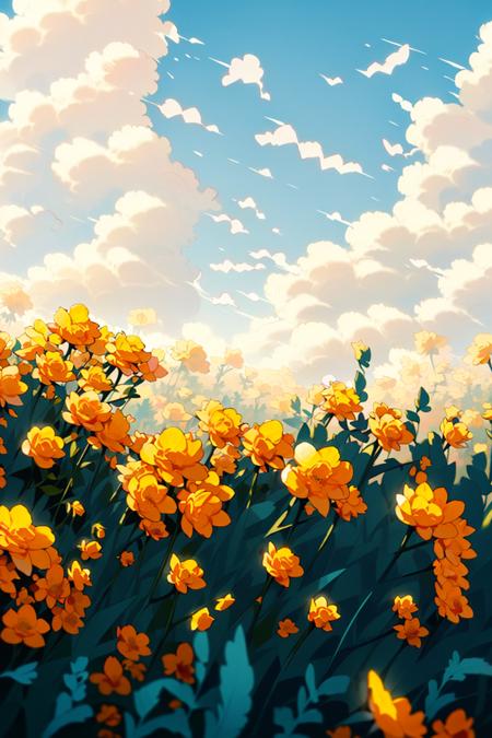 no humans, flower, sky, outdoors, blue sky, day, field, yellow flower, flower field, scenery, blurry, orange flower, depth of field, red flower, blurry foreground <lora:Flower field_20230729165144:0.78>