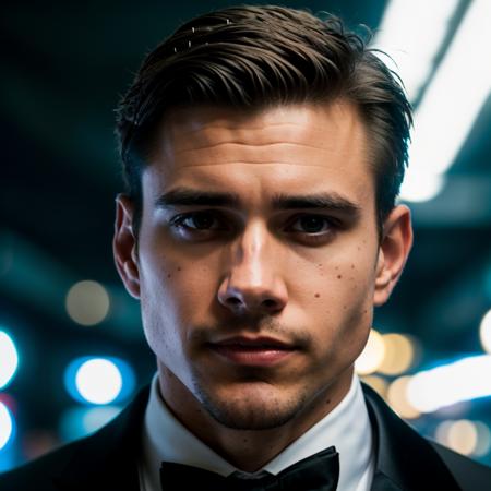 face portrait of kevinhejnas person using a tuxedo, in blade runner, professional photography, high resolution, 4k, detailed photo,   <lora:kevinhejnas_18000:1>