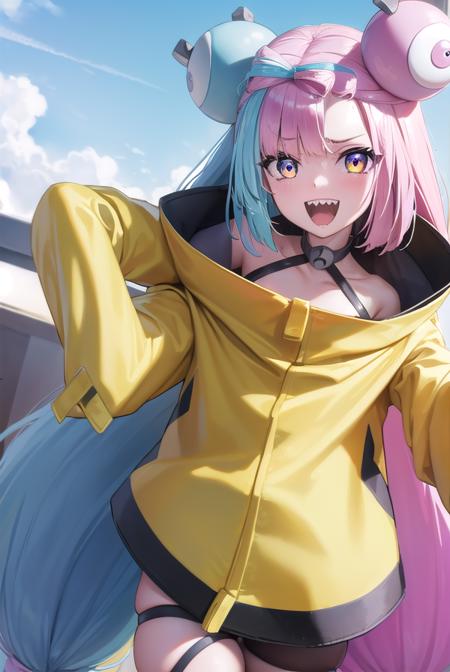 pokemon iono, blue hair, bow-shaped hair, character hair ornament, hair ornament, long hair, low-tied long hair, multicolored hair, pink hair, sharp teeth, split-color hair, twintails, two-tone hair, (pink eyes:1.5), asymmetrical legwear, bell, bow-shaped hair, character hair ornament, hexagon print, oversized clothes, pantyhose, single leg pantyhose, split-color hair, jacket, (yellow jacket:1.5),